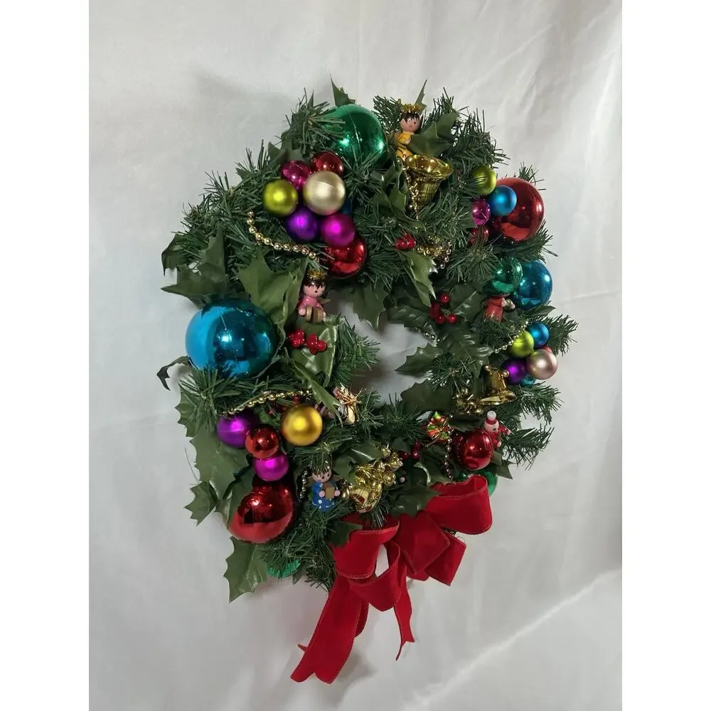 Vintage 16” Christmas Wreath Wood Angel Colorful Balls Gold Beads Red Velvet Bow